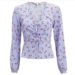 INTERMIX Blue Fitted Tie Front Long Sleeve Blouse